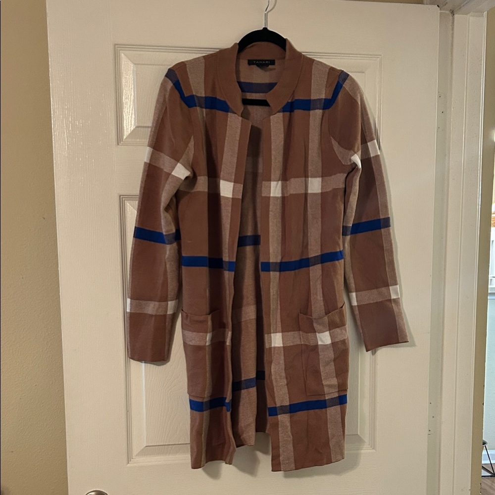 Tahari Tan and Blue Plaid Trench Coat
